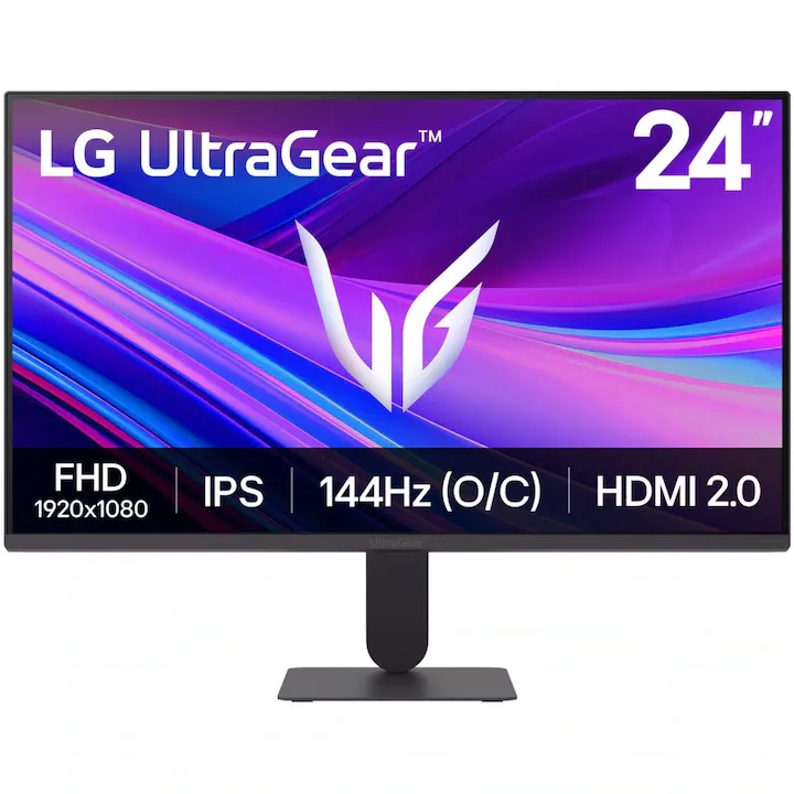 Monitor Gaming LG UltraGear™ G4 24G411A-B, 24'', FHD (1920x1080), IPS, 144Hz (O/C), 5ms (GtG), AMD FreeSync™, NVIDIA G-Sync™ Compatible, VRR, Crosshair, HDR 10, OverClocking, HDMI 2.0, DP 1.4, Negru