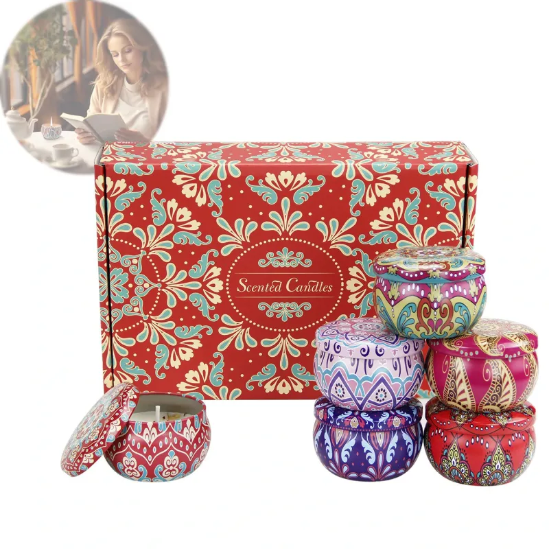 Set 6 lumanari aromoterapie, cu ceara de soia naturala, Foarte parfumate, Timp de ardere de pana la 12 ore pentru Craciun Ziua de nastere Aniversare Nunta Decor acasa, Multicolor