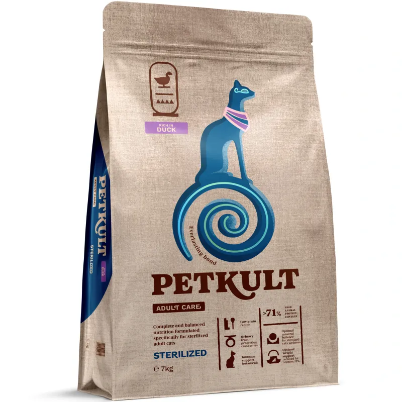 Hrana uscata pentru pisici Petkult Adult Care, Sterilized, cu continut ridicat de Rata, 7kg