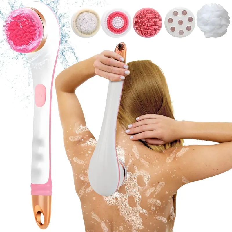 Perie de dus electrica pentru corp rezistenta la apa RorAem cu 4 capete interschimbabile, 35cm, 2 viteze, waterproof, ingrijeste pielea, exfoliere, curatare profunda si masaj corporal eficient, Roz