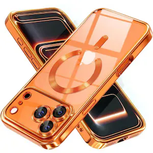 Husa pentru iPhone 17 Pro DaDen MagSafe Luxury, Antisoc, Protectie Camera, Margini Metalizate, Transparenta cu Margini Portocaliu