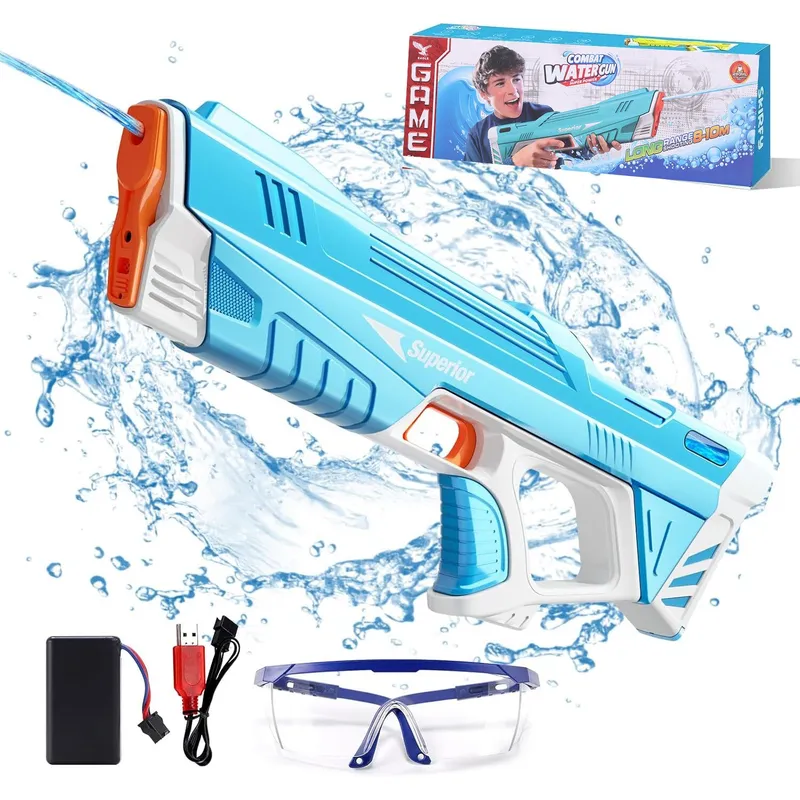 Pistol cu Apa Electric pentru Copii si Adulti - Pistol cu Apa Automat, Distanta 10m, Cu Baterie Si Ochelari, Jucarie pentru Vara, Plaja, Piscina, Party, Cadou Copii 6+ Ani, Albastru