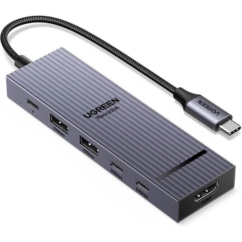 Hub USB-C UGREEN 6 in 1 Revodok Pro 10 Gbps cu HDMI 4K@60Hz – Adaptor USB-C cu 2 x USB-A 3.2 si 2 x USB-C 3.2, PD 100W, Aliaj Aluminiu, Gri
