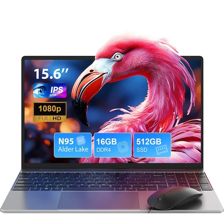 15.6" cu procesor Intel Alder Lake N95, 16GB RAM, 512GB SSD, 1920*1080 FHD, Windows 11 Pro, Intel® UHD Graphics 600, 5GHz Wifi, 5000mAh, Argintiu