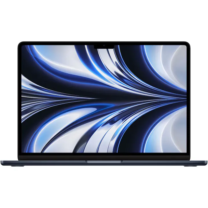 Apple MacBook Air 13" cu procesor Apple M2, 8 nuclee CPU si 8 nuclee GPU, 16GB RAM, 256GB SSD, Midnight, Tastatura RO, Manual RO