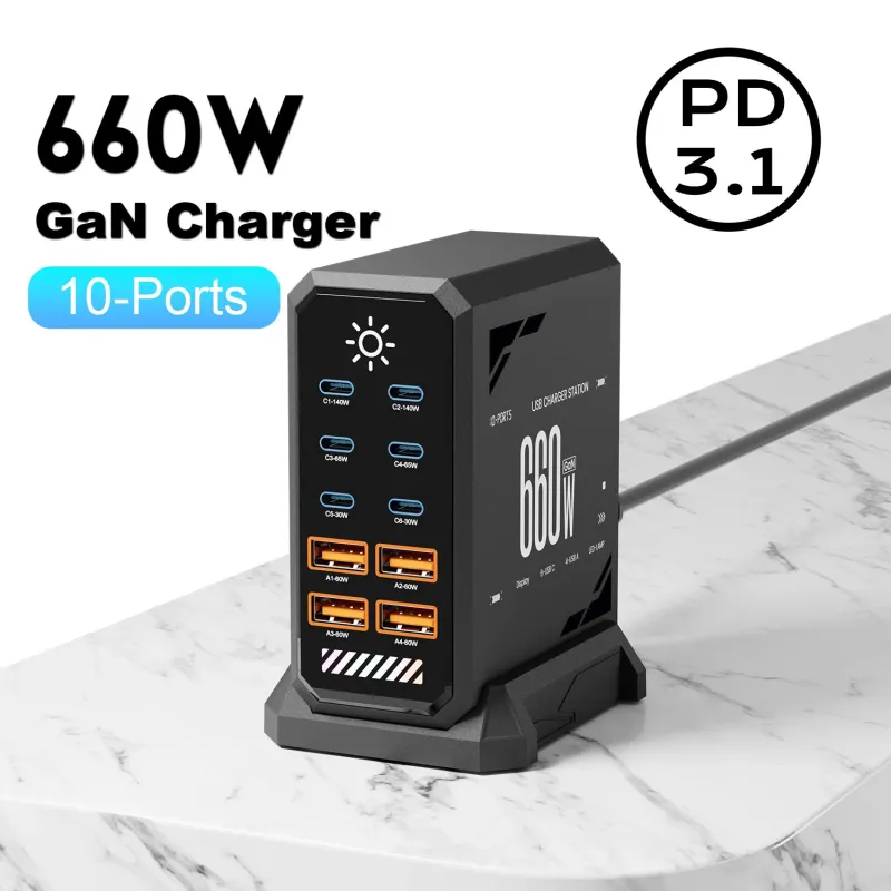 Incarcator Rapid 660W, MOSMAOO®, Statie de incarcare USB cu 10 porturi, Cu lumina LED Tactila, Pentru Dispozitive Multiple, Compatibil MacBook Pro/Air, iPad, iPhone Pro Max, Galaxy, Dell, HP