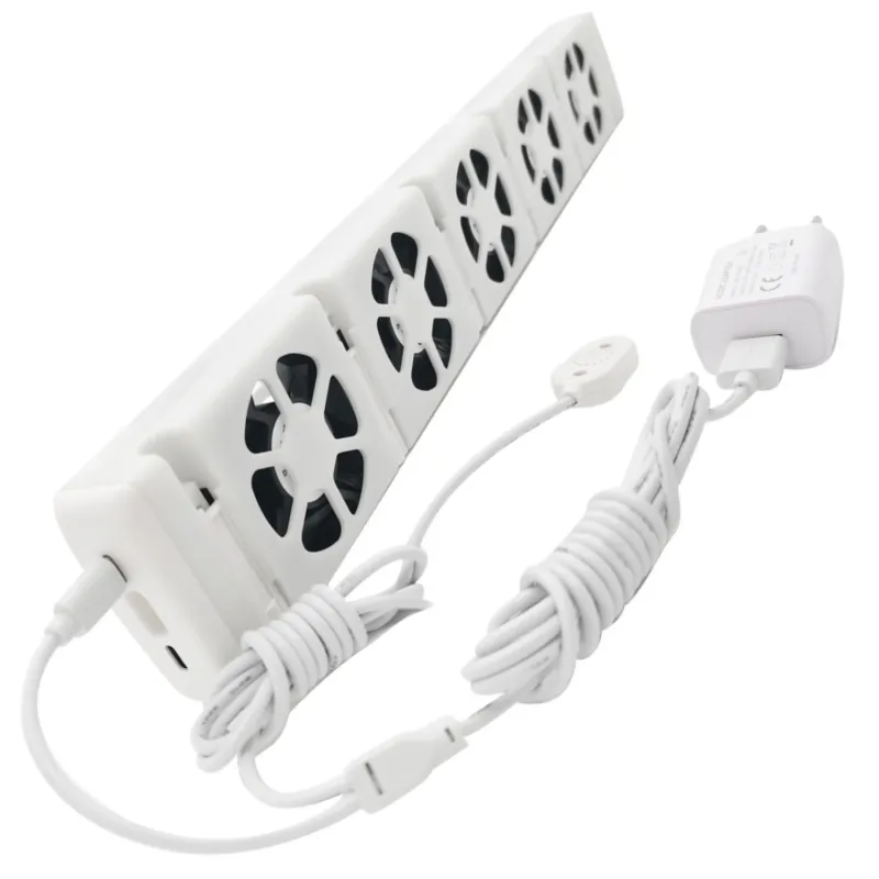 Ventilator pentru calorifer/radiator MXRV-S201, 5 ventilatoare, 1,65 W, senzor de temperatura automat, conectare USB C, 250 V, 50 Hz, 47 x 7 x 3 cm, doua tipuri de prindere, alb