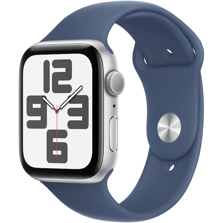 Apple Watch SE (2024), GPS, Carcasa Silver Aluminium 44mm, Denim Sport Band - M/L