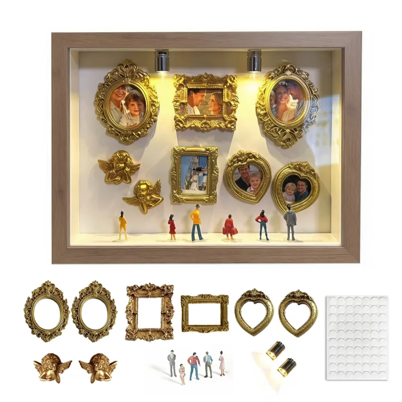 Rama foto 3D Muzeu in Miniatura DIY, Vitrina Expozitionala cu Efect de Umbra, 22*17cm, Expozitie Foto Personalizata - Include 5 Figurine si 6 Rame Aurii, Cadou Decorativ, Artizanat Creativ, bustenilor