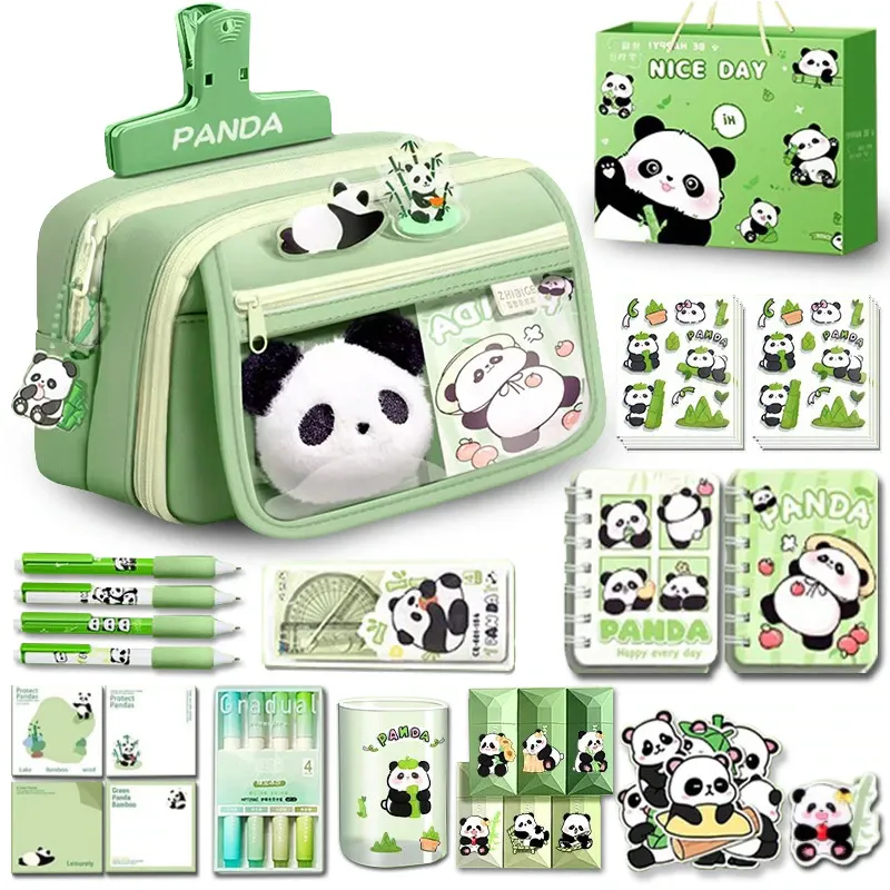 Penar 9 Compartimente, 175 piese, design cu panda, DIY, Neechipat, Spatiu mare de Depozitare, Lavabil, Ideal scoala, birou, pentru baieti si fete, cadou pentru elevi, Penar rezistent la uzura, 21 x 13 x 7.5 cm