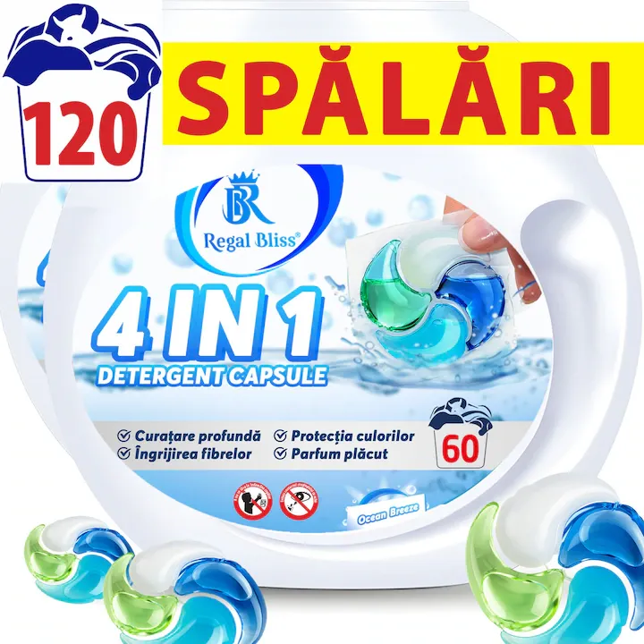 Detergent de rufe capsule Regal Bliss ® 4in1 pods pentru curatarea si protectia hainelor, capsule detergent lichid concentrate si parfumate, delicat cu pielea sensibila, indepartare eficienta a petelor, parfum de lunga durata, Ocean Breeze, 120 Spalari