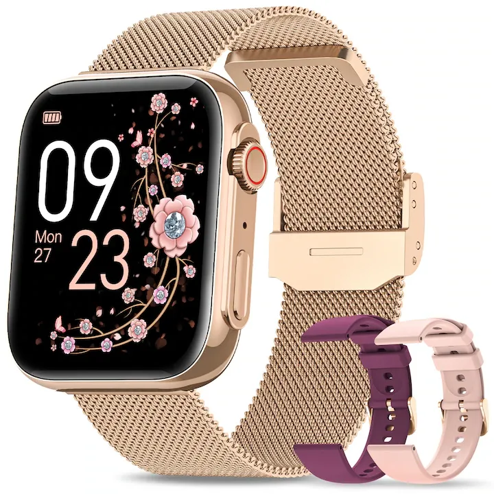 Ceas Smartwatch Dama si Bratara Fitness 2-in-1 FOSMET®, Ecran HD de 1,91 inch, Trei Bratari, Apelare Bluetooth 5.3, Monitor de Ritm Cardiac/Tensiometru/SpO2/Somn, 120+ de Moduri de Sport, Notificari de Mesaje, Autonomie de 7 Zile, Auriu Rose