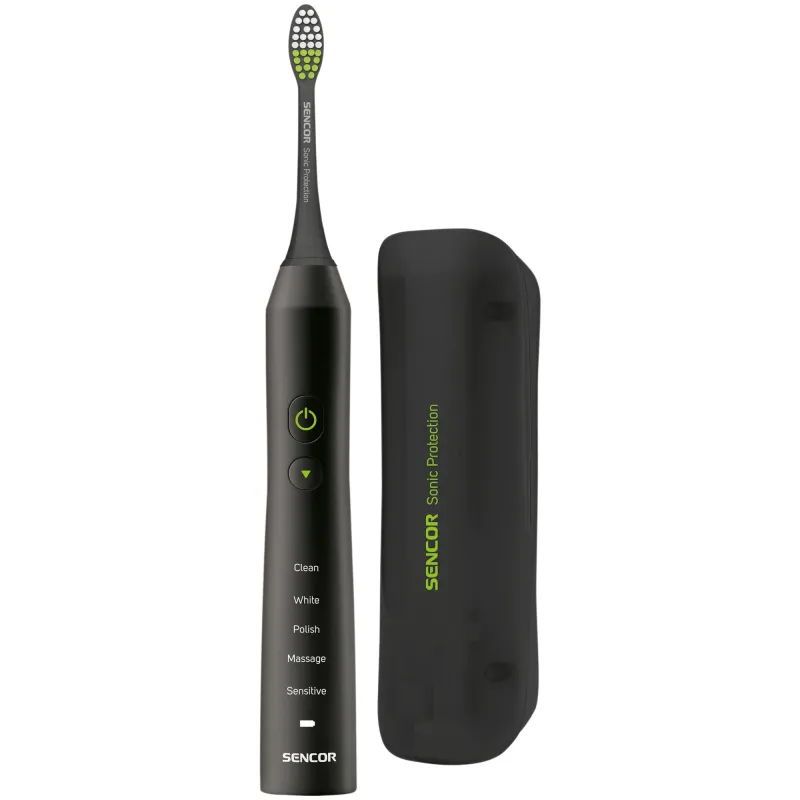 Periuta Electrica Sencor SOC 3311BK Sonic, 48.000 vibratii, 5 programe, doua capete, sterilizare, cutie voiaj, USB, Negru