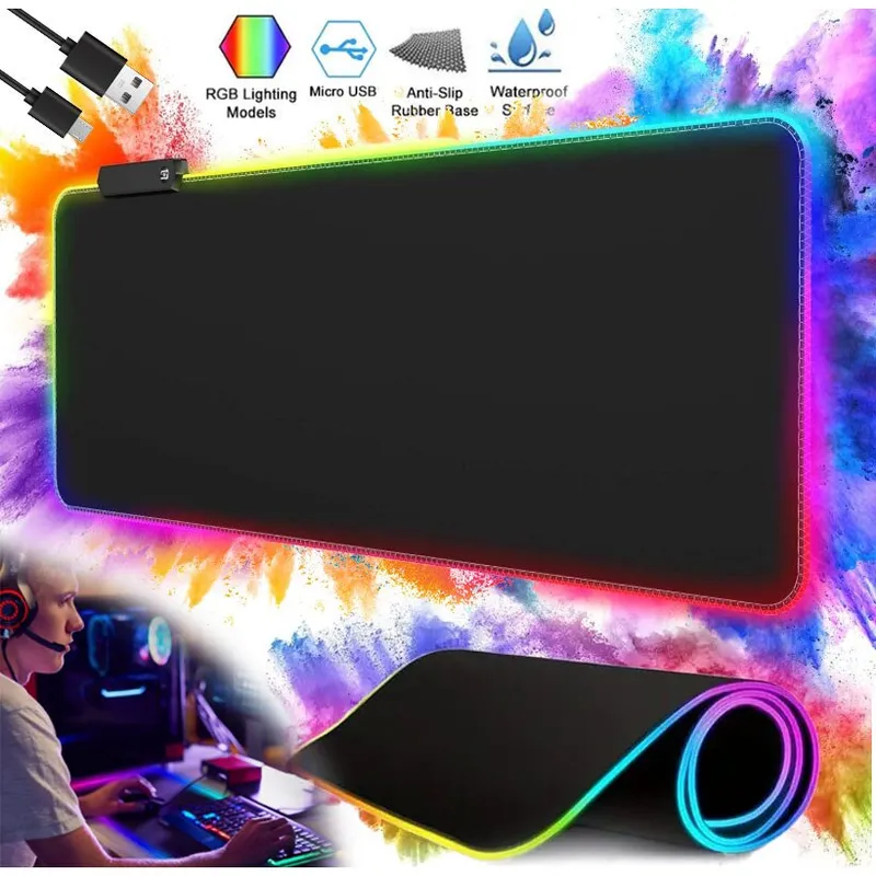 MousePad Gaming Profesional EXCITAT®, Iluminat RGB LED XL, Pentru Gaming, Suprafata Textila Premium, Birou, Office, Antiderapant, Cusaturi Anti-Rupere, Waterproof, Alimentat prin USB, 300x800mm, Negru