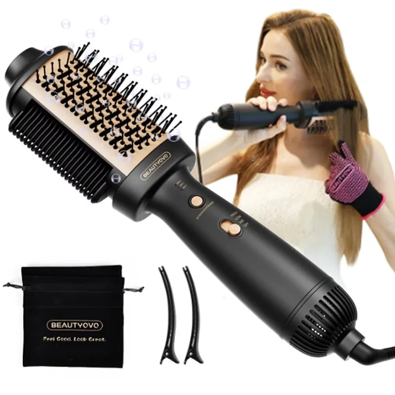 Pieptene cu aer cald BEAUTYOVO, 3-in-1 Hot Air Brush, reglare in trei viteze, portabil, temperatura constanta pentru ingrijirea parului, Negru si Aur