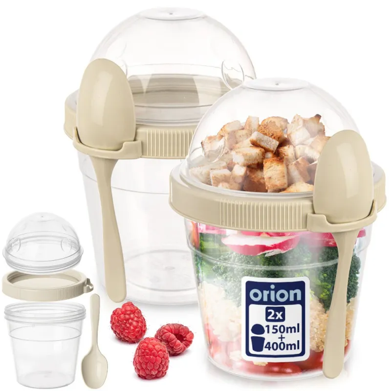 Set De Recipient Pentru Iaurt Cu Lingurite Si Boluri, Orion, 400 ml, 11.5x10.5x13.5 cm, Fabricate Din Material De Inalta Calitate, Rezistente La Temperaturi De -25 Pana La +25°C, Fara Bpa, Transparent Cu Elemente Bej