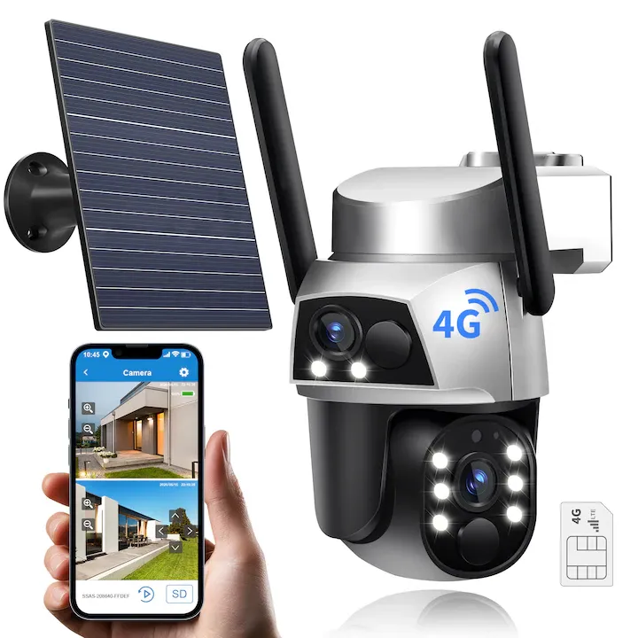 Camera Dubla de Supraveghere cu Panou Solar si Cartela SIM 4G, 4MP, Exterior, Acumulator 8000 mAh, Panou solar 6w, Ultra HD, 4X zoom, Leduri cu Lumina si infrarosu, Comunicare Bidirectionala, Urmarire inteligenta, Alarma, Alb/negru