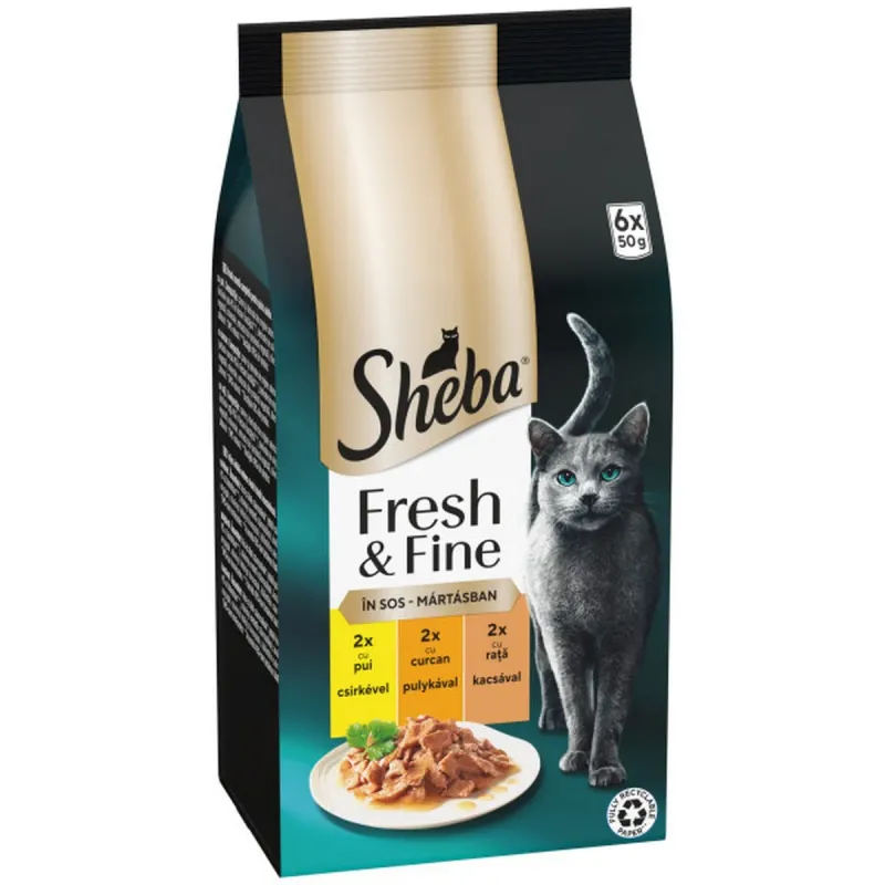 Hrana umeda pentru pisici adulte Sheba Fresh & Fine, pui, curcan si rata, 6 x 50 g