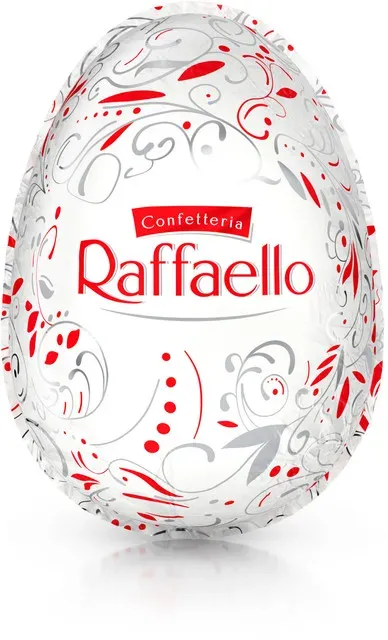 Ou de ciocolata alba, cu nuca de cocos si bucati de migdale Raffaello, 100 g