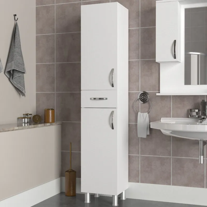 Dulap Organizator pentru Baie/Bucatarie, UnicUtil, 35 x 32 x 179 cm, Design Modern din PAL Melaminat, Spatiu Generos pentru Depozitare, Ideal pentru Baie Mica, Usor de Curatat si Intretinut, Neasamblat, Potrivit pentru Organizare si Ordine in Baie, Alb