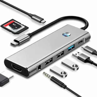 Adaptor USB-C Hub 9-in-1, 4K HDMI, 3 porturi de date USB-A + 1 USB-C, 100 W PD, dock pentru card SD/TF, adaptor audio multi-port de 3,5 mm, compatibil cu iPhone 15/16, MacBook Pro/Air, Galaxy S24, Surface, iPad