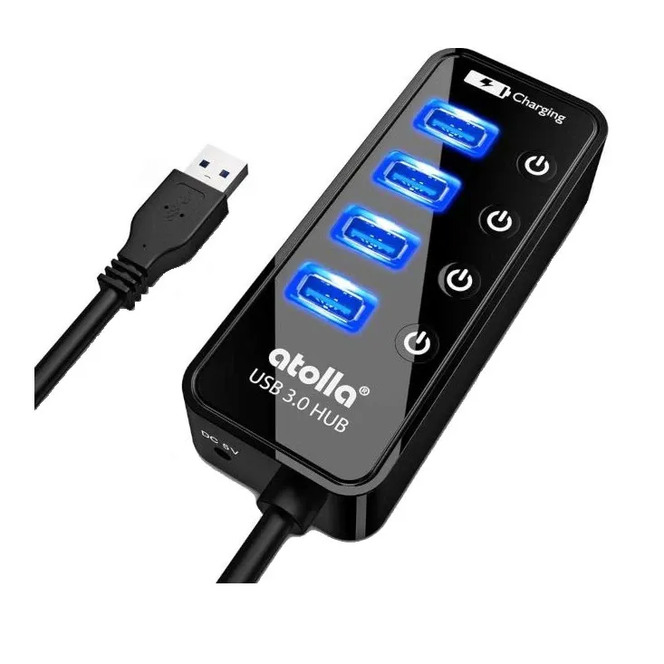 Hub, Atolla, ABS, 4 Porturi USB 3.0, Fast charge, DC 5V, Buton ON/OFF, 108x43x23 mm, Negru