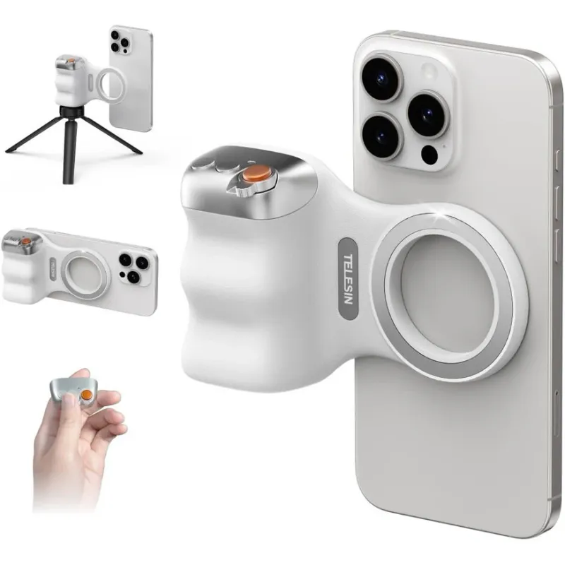 Maner foto ergonomic TELESIN, cu telecomanda wireless detasabila, montare magnetica, compatibil cu iPhone si IOS/Android, alb