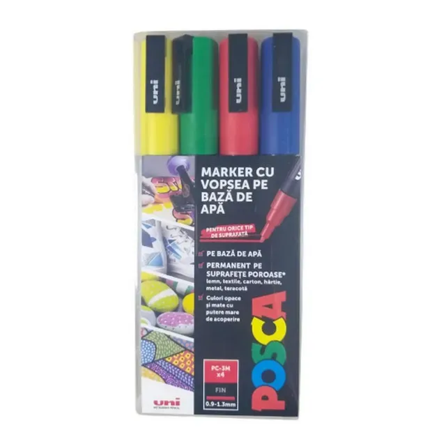 Set markere UNI Posca PC-3M, varf 09 - 1.3 mm, 4 culori