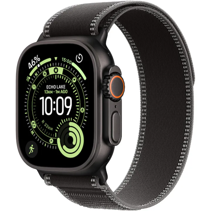 Apple Watch Ultra 3, GPS + Cellular, Carcasa Black Titanium 49mm, Black/Charcoal Trail Loop - S/M