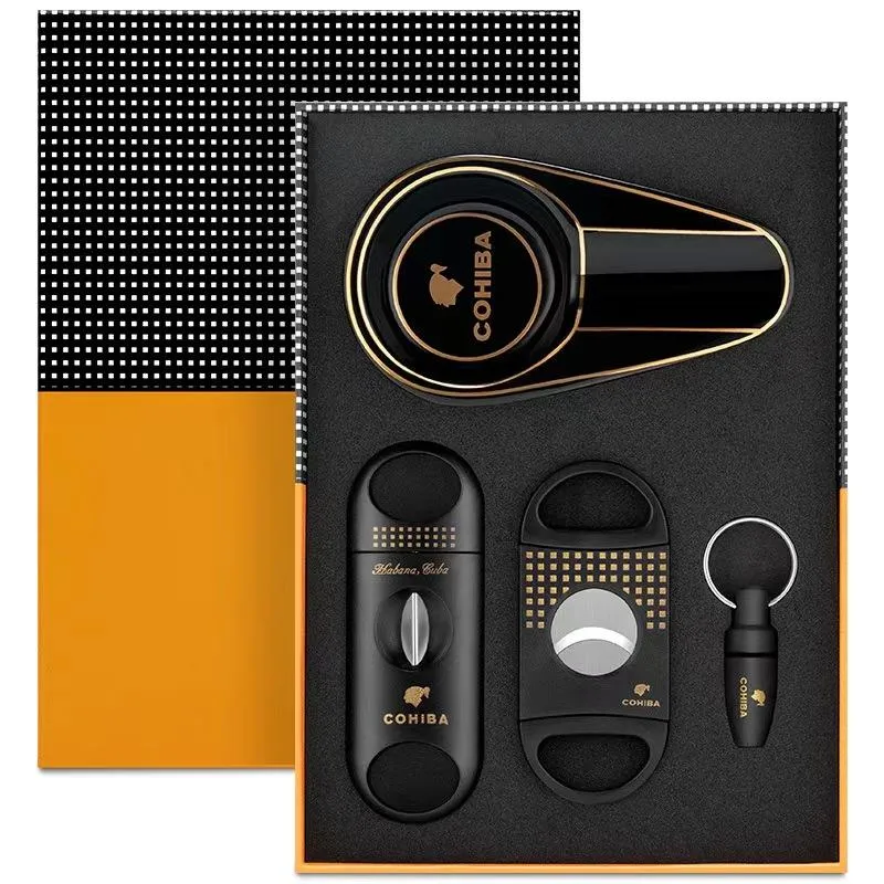Set de taietoare pentru trabucuri Excitat®, cu scrumiere pentru trabucuri, taietor ghilotina, taietor V, perforator pentru trabucuri, scrumiere portabile pentru exterior, casa si birou, accesorii pentru barbati