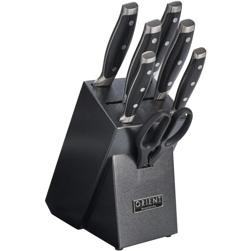Set de cutite pentru bucatarie, Orient, Origin Series, 8 piese, cu suport granit, premium, Otel Inoxidabil german X50 Ultra+, Negru