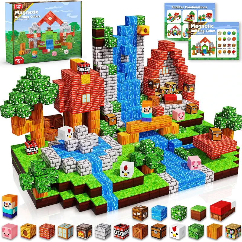 Set cuburi magnetice 100 bucati, Croloutoy,, 2x2cm, pentru copii 3-10 ani, Jucarie cadou pentru bebelusi de 3, 4, 5, 6 si 7 ani, Dezvolta coordonarea mana-ochi, Blocuri de constructie magnetice STEM educative creative