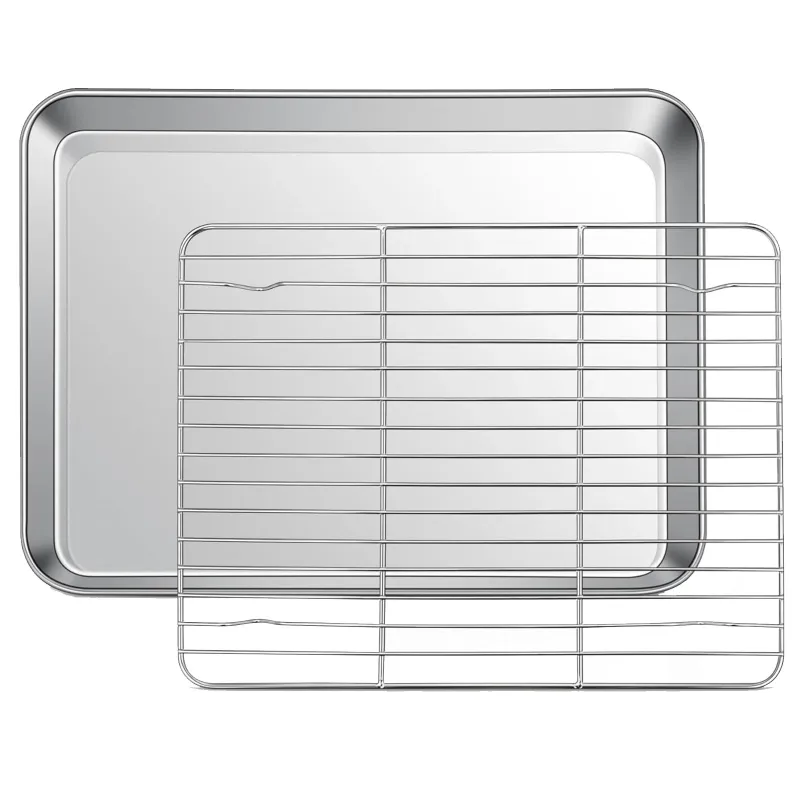 Tava de copt cu gratar, Axroad Mall, Rezistent la coroziune, Rezistent la temperaturi ridicate, Non-toxic, Nu este usor de deformat, Usor de curatat, Pentru gatit/coacet/racire, 28x23.5x2.5cm, Inox, Argintiu