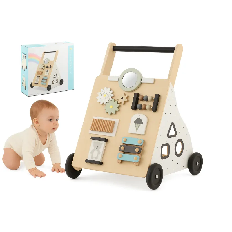Antemergator din Lemn 2 in 1 "LikeSmart Wood IceCream Walker" cu Activitati Educationale, Jucarie Montessori pentru Bebelusi 12+ Luni, Centru Interactiv, Stabil, Silentios si Sigur, Ideal pentru Primii Pasi