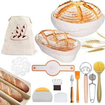 Set cosuri de fermentare pentru paine, XGETOP®, 9" rotund & 10" oval, 17 ustensile de coacere, bej