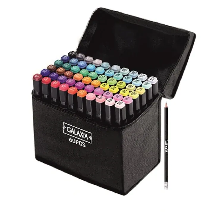Set 60 markere duble GALAXIA®, Carioci profesionale, Cu cerneala pe baza de alcool, Multicolore
