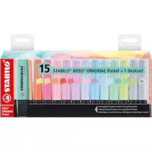 Textmarker Stabilo Boss Original Pastel, 15 culori / set, suport de birou