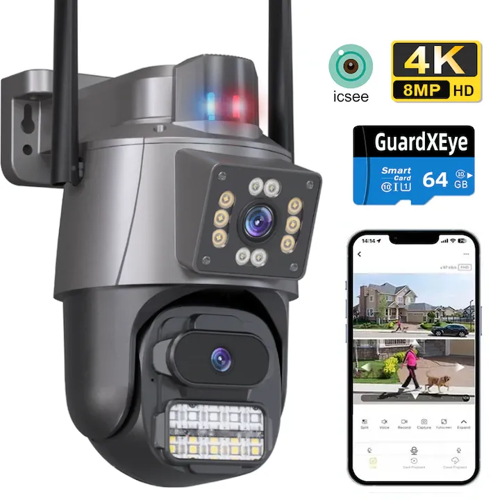 Camera De Supraveghere Video CCTV Dubla A38, 8MP, Alerta de lumina, Exterior/Interior, Ultra HD 4K, 5X Zoom, Rotire, Leduri Lumina, Comunicare Bidirectionala, Stocare Card/Cloud, Auto Tracking, Senzor Miscare, Argintiu