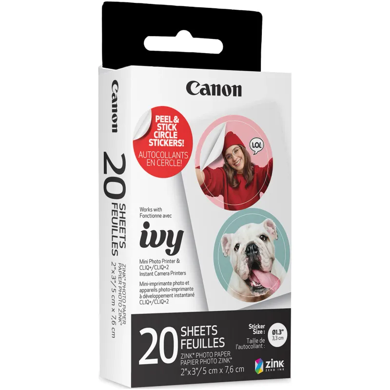 Hartie foto Canon ZINK™ 5x7.6 cm, autocolante cerc 1.3" pretaiate pentru Canon Ivy, 5x7.6 cm, 20 bucati, 4967C003AA