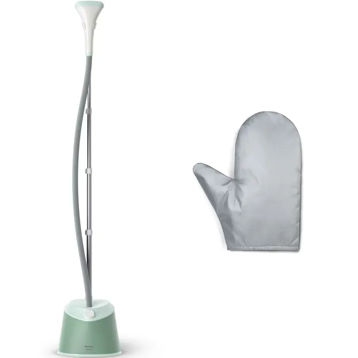 Aparat de calcat vertical cu picior Philips STE1010/70, picior ajustabil pe inaltime, putere 1600W (240V), 2 setari pentru abur, debit abur 35g/min, manusa, capacitate rezervor 1.8L, verde