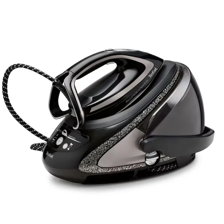 Statie de calcat cu boiler de inalta presiune Tefal Pro Express Ultimate+ GV9620E0, 2600W, 8 bari, abur variabil 0-180 g/min, jet de abur 650 g/min, abur vertical, incalzire rapida in 2 min, rezervor apa detasabil, negru