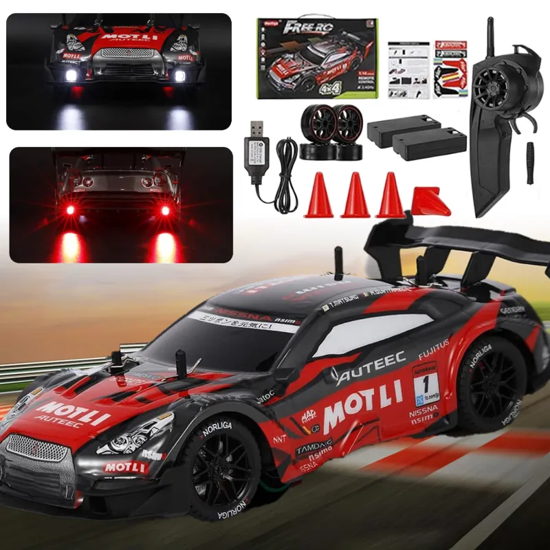 Masina cu telecomanda RC, Excitat, drift car, 1:16, lumini LED, 4x4, 30 km/h, cauciucuri interschimbabile, 2 baterii tip acumulator incluse, rasturnari de 180 grade, jucarie pentru copii, rosu/negru