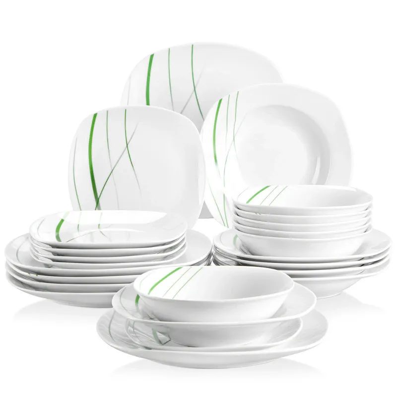 Set de masa 24 piese, Malacasa, portelan alb cu decoratiuni, boluri, farfurii desert, farfurii supa, farfurii principale