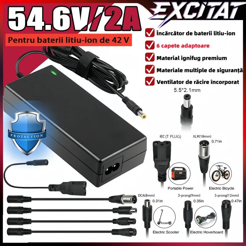 Incarcator de baterii Li-ion 42V2A, EXCITAT®, Incarcator de baterii multi-priza 54.6V, Material ABS ignifug de inalta calitate, Protectii multiple de siguranta, Ventilator de racire incorporat, pentru a evita incalzirea in timpul incarcarii, Negru
