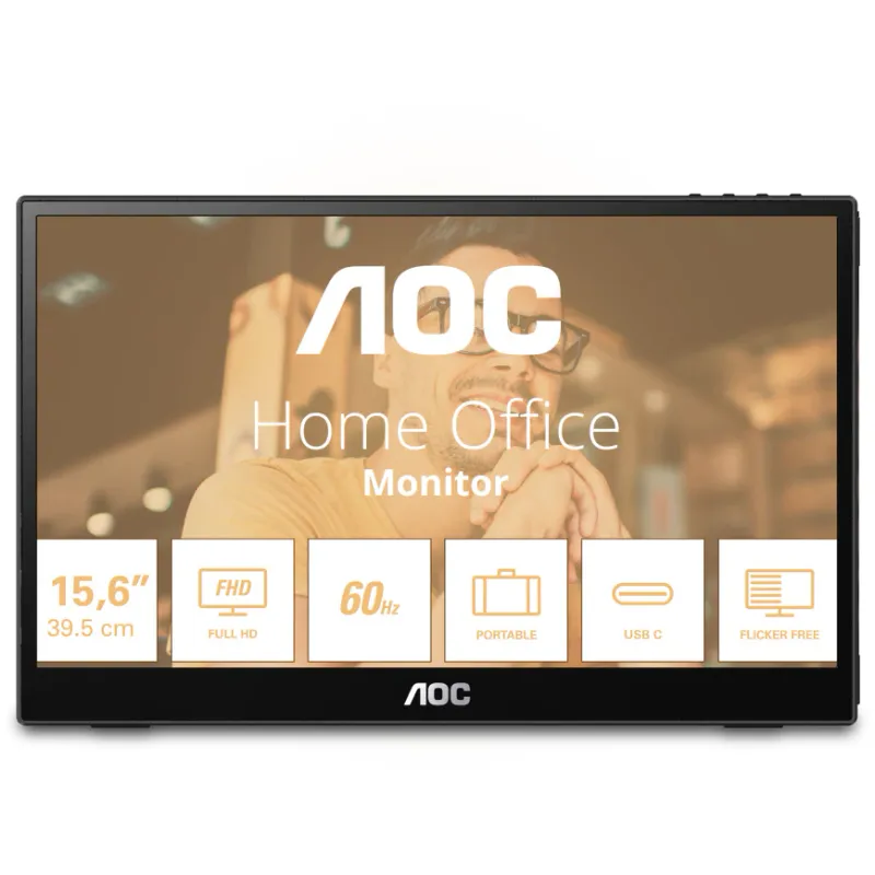 Monitor Portabil LED IPS AOC 15.6", Full HD (1920x1080), 60Hz, 4ms, Flicker Free, USB Type-C, Jack, 16T3EA, negru