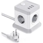 Prelungitor tip turn Excitat, Priza Multipla, 4 prize, 2xUSB, 1xType-C, 4000W, 2m, Protectie Supratensiune, Comutator cu o singura atingere, Alb-gri