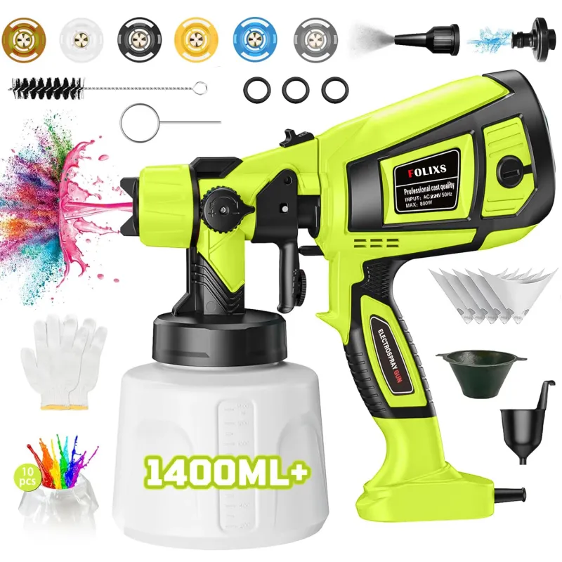 Pistol electric de pulverizat vopsea, Folixs®, 800 W, 3 moduri de pulverizare, Debitul vopselei reglabil 0-1200 ml/min, Latime de stropire reglabila, vas 1400ml, 6 duza vopsele, Usor de curatat, Verde