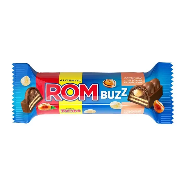 Baton de ciocolata Rom, cu lapte, napolitana, alune si crema cu aroma de rom, 50 g