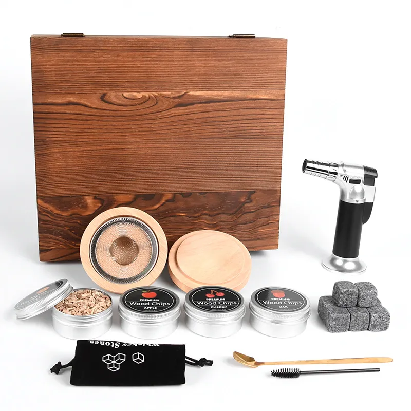 Set kit de afumator de cocktail/whisky cu torta, kit de afumator de whisky cu 4 arome, 9 piese, 8 pietre de whisky de granit