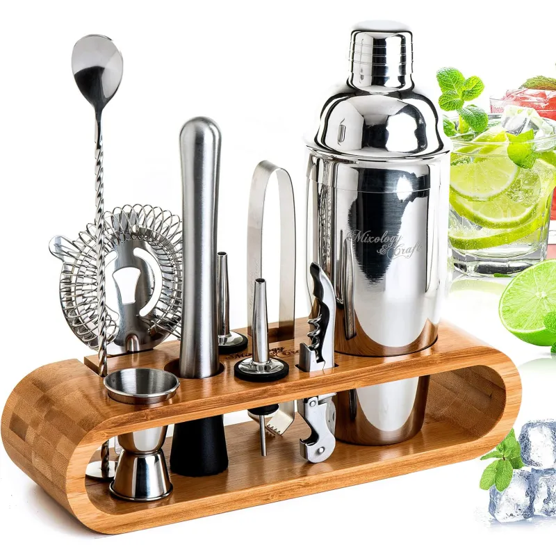 Set de Barman Pentru Bauturi, RorAem, Cocktail Shaker 750 ml, Set shaker pentru cocktailuri cu 10 piese, 750ml, inox, suport din bambus, set de Barman cu retete de cocktailuri